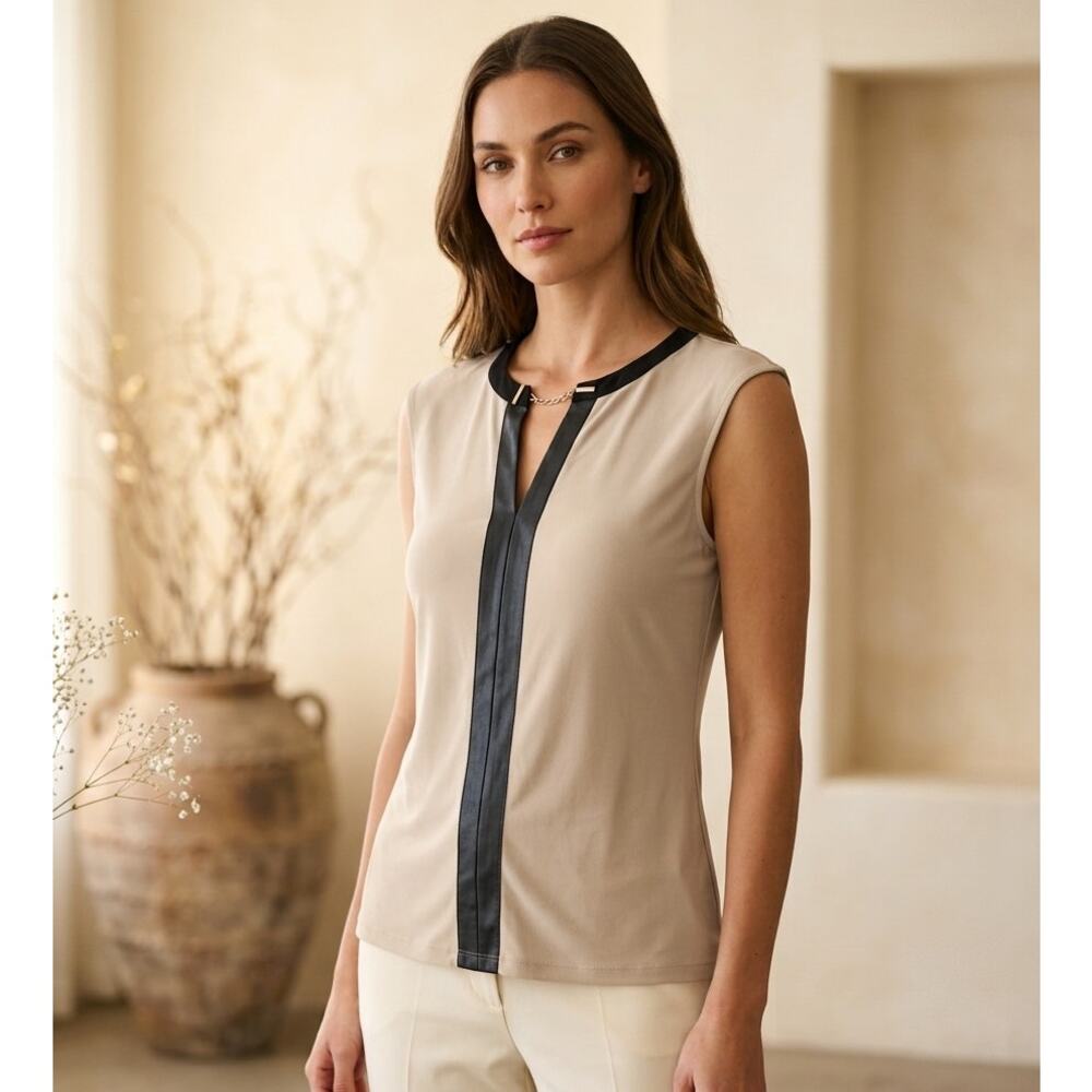 Calvin Klein Blouse Top Women's M Beige Faux Leather V-Neck Gold Chain Detail
